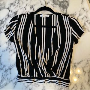 Black and White Striped Top with Plunging Neckline